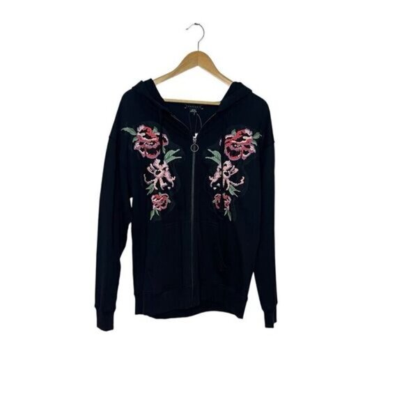 Sanctuary Women's Embroidered Floral Full Zip Hooded Sweater Black Size XS NWT - Picture 1 of 11